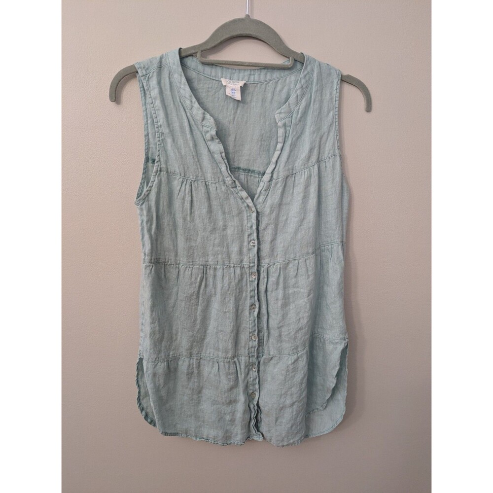 Sigrid Olsen 100% Linen Sleeveless Tank Top Tunic Shell Button Up Blue Ruffle S